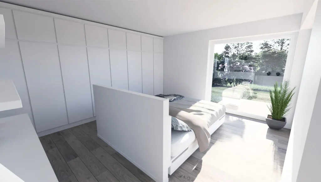 Bungalow Flat - Schlafzimmer mit Ausblick in den Garten