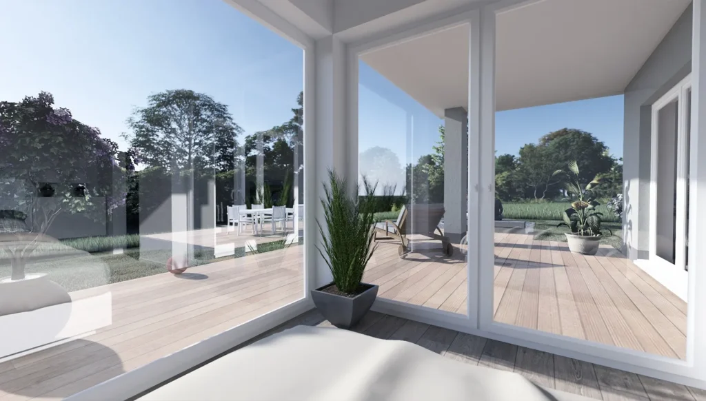 Bungalow Flat - Blick in den Garten vom Schlafzimmer