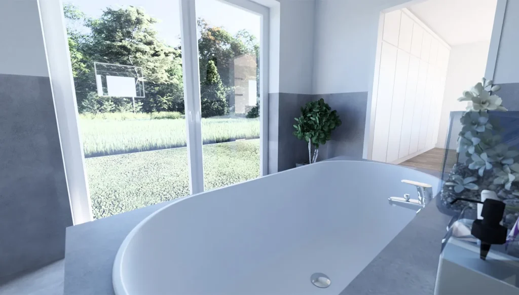 Bungalow Flat - Badezimmer mit Blick in den Garten