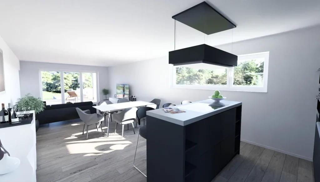 Bungalow Flat - Küche mit Blick auf Wohn- und Essbereich